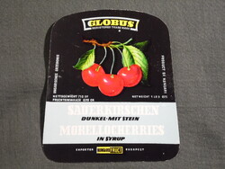 Konzerv befőtt címke,Magyar konzervgyár,GLOBUS,Meggy gyümölcs befőtt,