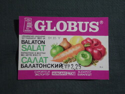 Konzerv befőtt címke,Magyar konzervgyár,GLOBUS,Balaton vegyes saláta konzerv,