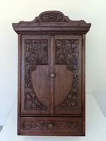 Antik szekrény kis keményfa bútor szecessziós jugendstil patika gyógyszer fűszer tartó fali szekrény