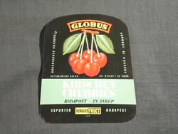 Konzerv befőtt címke,Magyar konzervgyár,GLOBUS,Cseresznye gyümölcs befőtt,