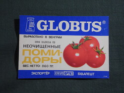 Konzerv befőtt címke,Magyar konzervgyár,GLOBUS,paradicsom konzerv,