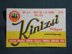 Sör címke,Pannonia sörgyár Pécs,Kinizsi sör,0.5 L, 5.40 Ft-