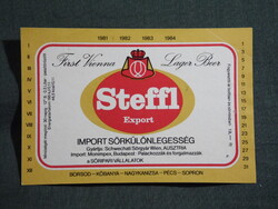 Sör címke,Borsod-Kőbánya-Nagykanizsa-Pécs-Sopron sörgyár,Steffl sör,0.5 L, 13. Ft-