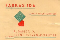 Reklám cédula: Farkas Ida kalap különlegességek, Budapest.
