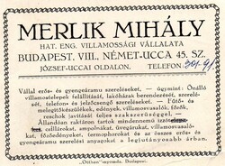Reklám cédula: Merlik Mihály, villamossági vállalat, Budapest.