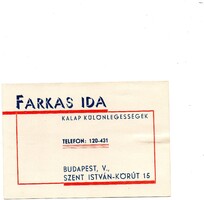 Reklám cédula: Farkas Ida kalap különlegességek, Budapest.