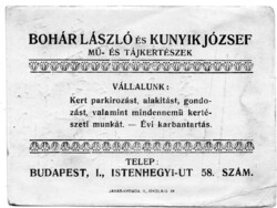 Reklám cédula: Bohár és Kunyik tájkertészek, Budapest.