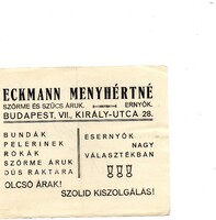 Reklám cédula: Eckmann Menyhértné, szőrme és szűcs áruk, Budapest.