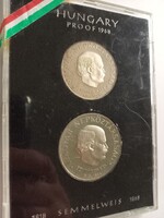 SEMMELWEIS IGNÁC PROOF KIVITELÜ EZÜST 50 ÉS 100 FORINTOS ÉRME 1968-BÓ EREDETI TOKBAN.4750 DB.-OS SOR