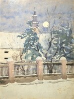 ÁR ALATT! 9 ezer Ft-ról: Téli utca, 1937 - Kenéz János alkotása, 1930-as évek - Havas templomtorony