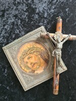 Vintage Jesus Icon in Ornate Metal Frame with Cross - 125 Years Sacred Item Set