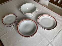 Zsolnay piros/arany csíkos porcelán étkészlet