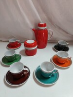 Hollóházi retro porcelán, színes kávés, mokkás készlet  - 6 személyes