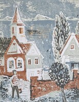 Rác András: Balatonszepezd (linómetszet) színes házak, falurészlet