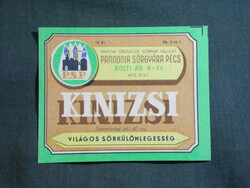Sör címke,Pannonia sörgyár Pécs,Kinizsi sör,0.45 L, 4. Ft-