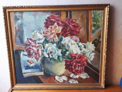 Olaj festmény, vászonra festett virágcsendélet , szép kerettel. 52x45 cm kerettel együtt.