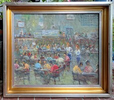 Bar Scene (oil painting, in Szőnyi frame), multi-figure, colorful, café - Spanish painter