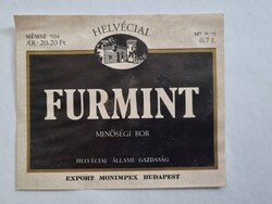 Helvéciai furmint minőségi bo -retro boros címke Helvéciai Állami Gazdaság Export Monimpex Budapest