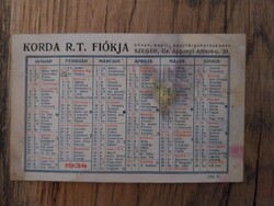 1934-es naptár Korda R.T. fiókja Szeged , képeslap méretű