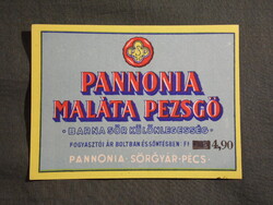 Sör címke,Pécs,Pannónia sörgyár,sörfőzde,Pannónia maláta pezsgő sör,