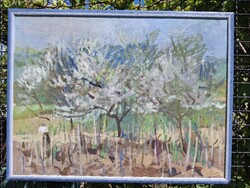 Zirkelbach László (1916-2014): Cseresznyevirágzás, olaj, vászon 60x80 cm, tájkép, extra képkeret.
