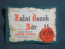 Sör címke,Nagykanizsa sörgyár,Zalai ászok sör,0.45 L, 5.20. Ft-