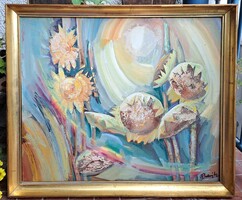 Cs. Pataj Mihály: Szivárvány (86x70 olajfestmény, Képcsarnok) napraforgók, színes virágok, csendélet