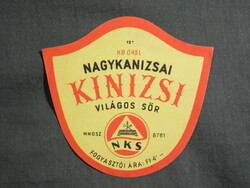 Sör címke,Nagykanizsa sörgyár,sörfőzde,Kinizsi sör, 0.45L, 4. Ft-
