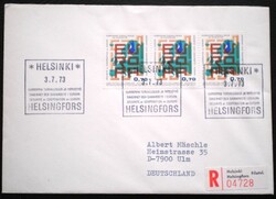 Ff726c3f / Finnország 1973 Európai Biztonsági Konferencia 3-s bélyegcsík FDC-n futott