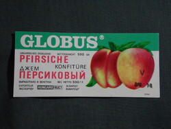 Konzerv befőtt címke,Magyar konzervgyár,GLOBUS Őszibarack jam lekvár