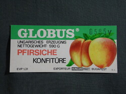 Konzerv befőtt címke,Magyar konzervgyár,GLOBUS Őszibarack jam lekvár