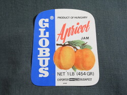 Konzerv befőtt címke,Magyar konzervgyár,GLOBUS sárgabarack jam lekvár