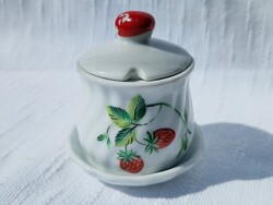 Régi eper mintás fedeles porcelán cukortartó vagy lekváros csésze szép állapotban 8 cm. magas