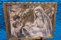 Antik Madonna gyermekével kép, régi angyalkás nyomat (M5733)