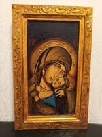Toscanaból (Arezzo) származó Ortodox Ikon: Szűz Mária és Gyermek Jézus (Theotokos) ,37 cm magas