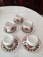 Páva mintás hollóházi porcelán kávés csészék és alátétek - 5 szett