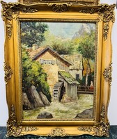 Vízimalom a hegy vidékitájban Olajfestmény