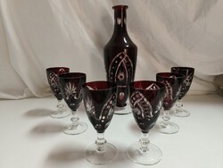 Bordó, kristály likőrös pohár készlet kiöntővel - 6 személyes