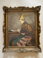 KÁLLAY NAGY TAMÁS, KÁRTYÁZÓ NŐ NÉPVISELETI RUHÁBAN, ANTIK JELZETT FESTMÉNY EREDETI FA KERETBEN
