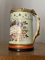 NÉMET FELIRATOS PORCELÁN FÜLES ANTIK, FESTETT BÖGRE KORSÓ, POHÁR