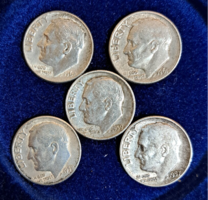 5 darab  ezüst Roosevelt 1 dime USA 1957, 1958, 1959, 1961, 196. (603)