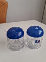 2db francia Luminarc fűszertartó, kis kanállal, 6cm átmérőjű és 7cm magas