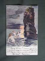 Képeslap,Német nacionalista lap,Fritz Hass grafika,Helgoland,Die Schildwache in Versuchung,1899-