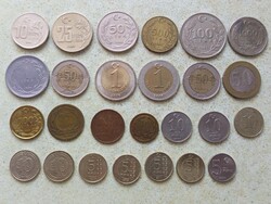 Törökország 25 db különböző érme. 5,10,25,50 Kurus, 1, 50,100, 500, 1000 stb Lira. 1955-2013