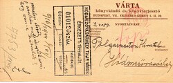 Régi csekk, reklámmal: VÁRTA könyvkiadó. 1916.