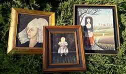 3 Pcs. Painting,.. Portrait, woman, boy.