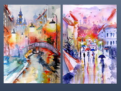 Lights of the city collection -  watercolor painting -A város fényei kollekció - akvarell festmény