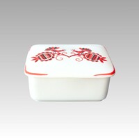 Hollóházi ékszeres doboz piros-fekete népi mintával, porcelán bonbonier