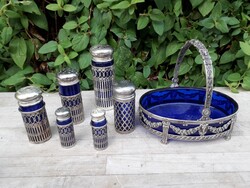 English metal-glass spice set, sugar, salt, pepper,