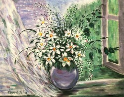 Hepp Natália: Virágok az ablaknál (43x34)-szálitás ingyenes.